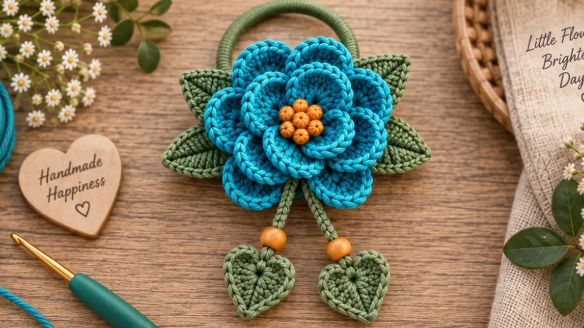 Crochet flower hair tie with a teal layered flower, amber bead center, green leaves and heart charms on a wooden table
