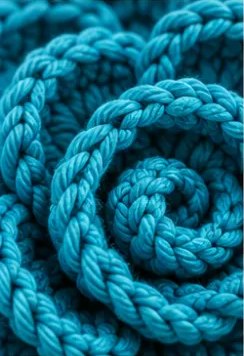 Close-up of teal crochet petals curling around each other