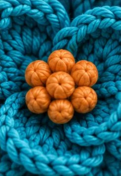 Close-up of an amber bead cluster in the middle of the teal petals