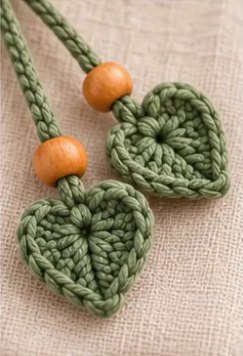 Two green crochet hearts hanging from cords with wooden beads