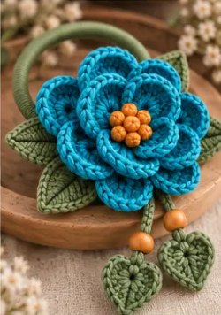 The finished crochet flower hair tie resting in a wooden dish