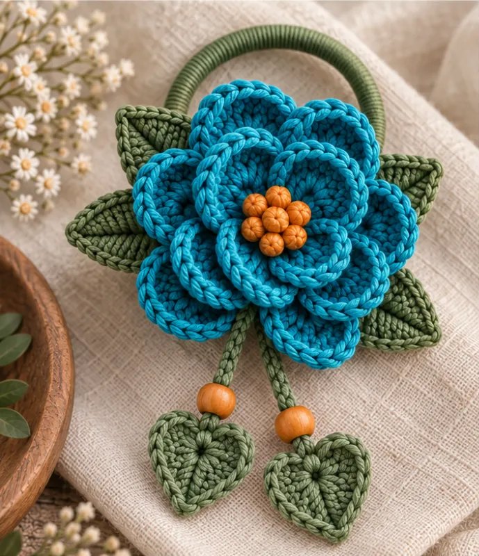 Finished crochet flower hair tie with a teal layered flower, amber bead center, green leaves and two green heart charms on beaded cords