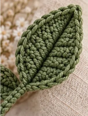 Close-up of a pointed sage green crochet leaf with a stitched center vein