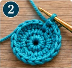 Step 2: a small teal circle of single crochet with the hook in the last stitch