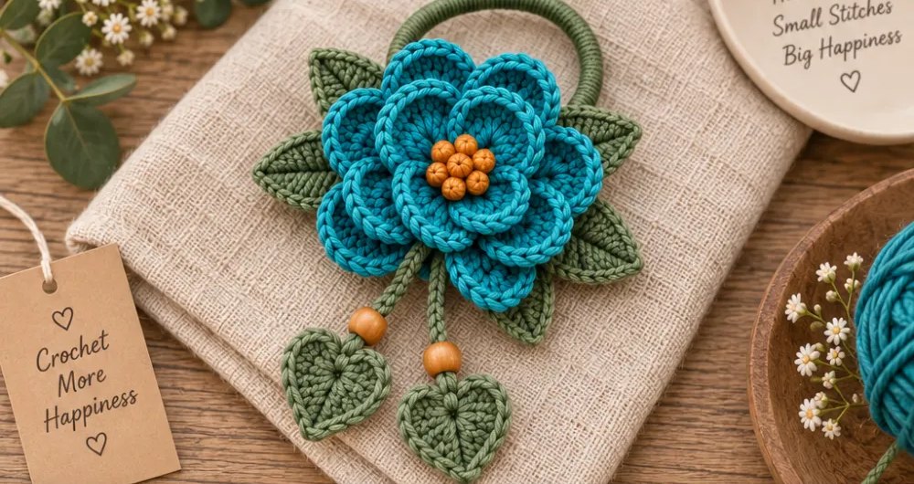 The crochet flower hair tie styled on a linen cloth beside flowers and a ball of teal yarn